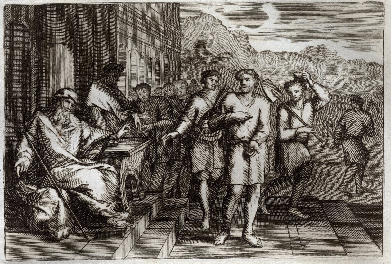 Biblia Royaumont, Nowy Testament: Przypowieść o pracownikach winorośli lub przypowieść o pracownikach jedenastej godziny. Pracownicy, których Ojciec rodziny wysyła do pracy w swojej winnicy. Ilustracja z 1811 roku. autorstwa Unknown artist
