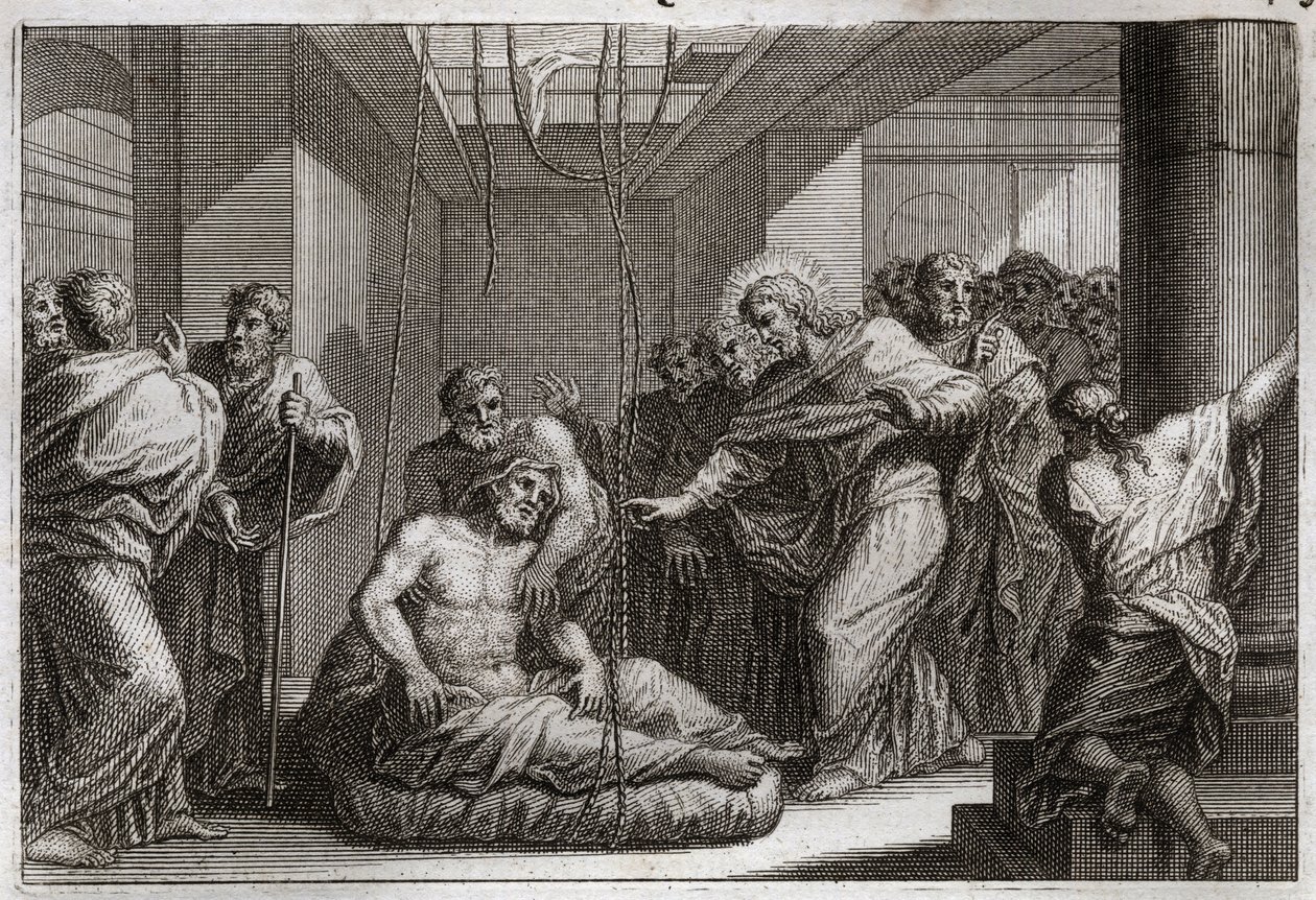 Biblia Royaumonta, Nowy Testament: paraliż. Jezus Chrystus wezwał św. Mateusza i uzdrowił paralityka w Kafarneum. Ilustracja z 1811 roku. autorstwa Unknown artist
