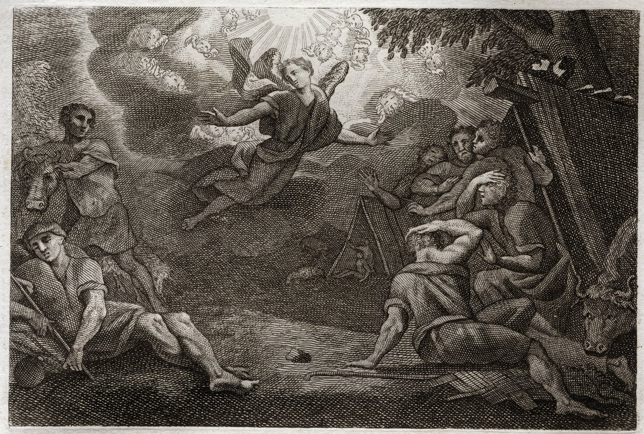 Biblia Royaumont, Nowy Testament: Pastorzy w Crech. Anioł zwiastuje pasterzom narodziny Jezusa Chrystusa (Zwiastowanie pasterzom). Ilustracja z 1811 roku. autorstwa Unknown artist