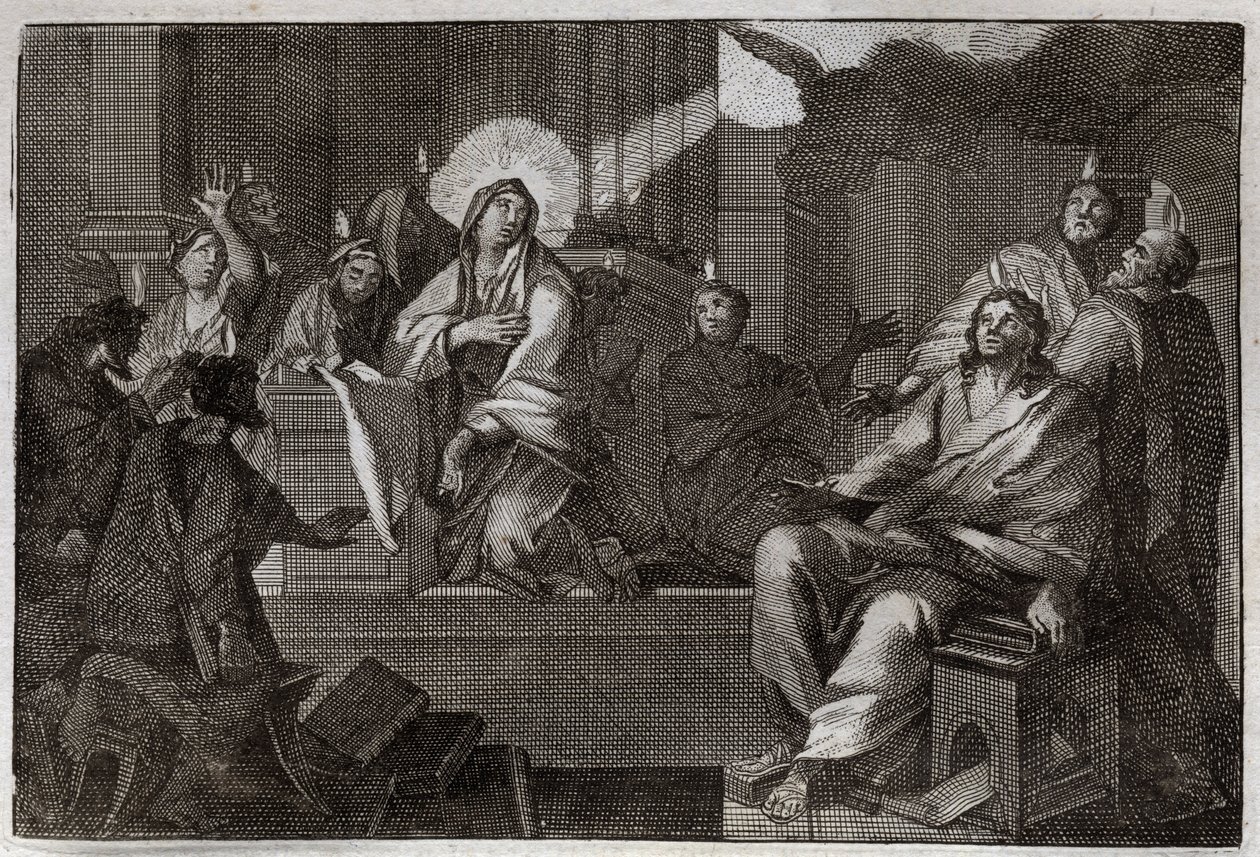 Biblia Royaumonta, Nowy Testament: Pięćdziesiątnica. Duch Święty zstępuje na Maryję Dziewicę i Apoterów. Ilustracja z 1811 roku. autorstwa Unknown artist