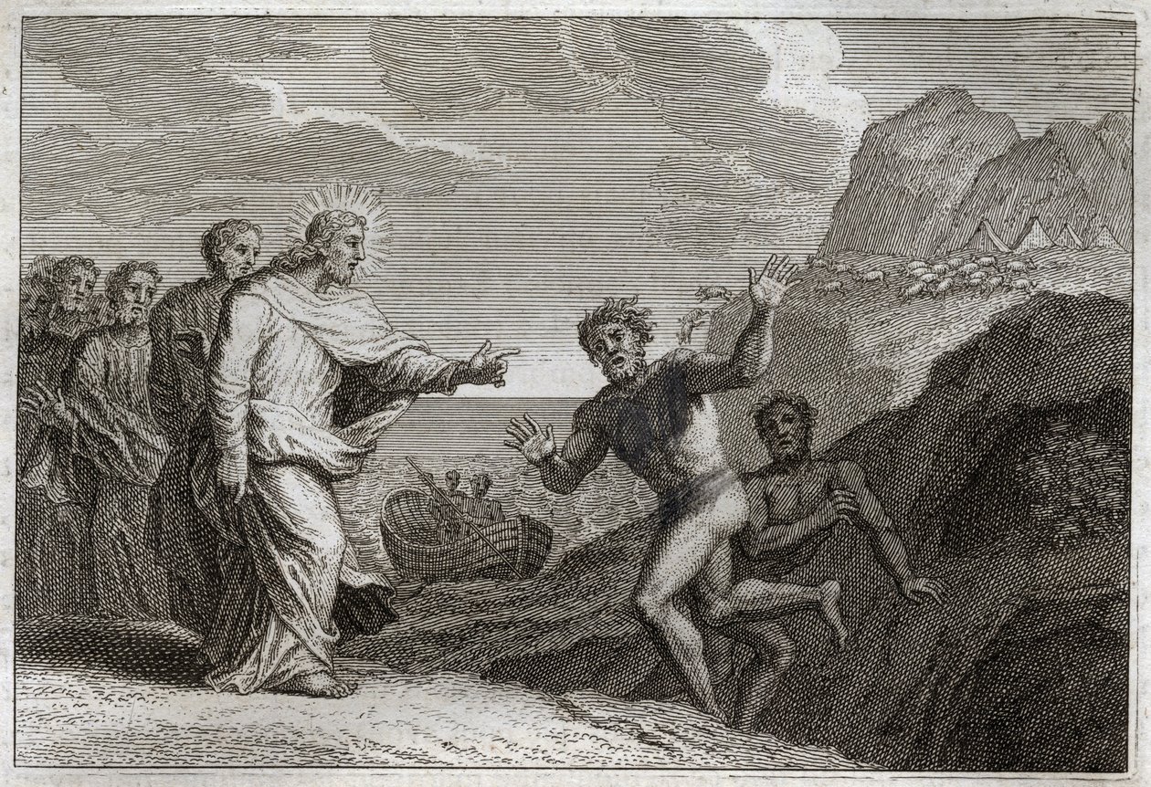 Biblia Royaumont, Nowy Testament: Possede gueri. Jezus Chrystus uzdrowił opętanego, którego demon rozwścieczył. Ilustracja z 1811 roku. autorstwa Unknown artist