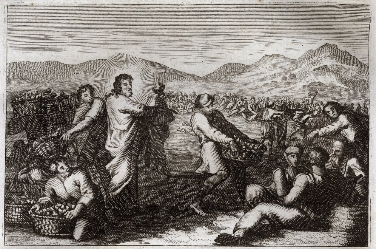 Biblia Royaumont, Nowy Testament: Rozmnażanie bochenków. Jezus Chrystus rozmnaża pięć chlebów i karmi pięć tysięcy ludzi. Ilustracja z 1811 roku. autorstwa Unknown artist