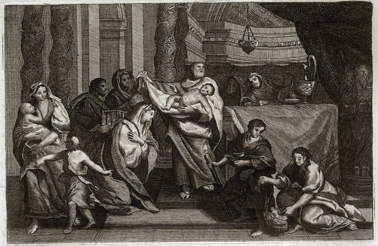 Biblia Royaumont, Nowy Testament: Oczyszczenie Dziewicy lub prezentacja w Świątyni. Święta Rodzina ofiarowuje Jezusa Chrystusa Świątyni i przekazuje go Symeonowi (lub Symeonowi lub Szymonowi). Kobieta trzyma dwa gołębie w koszu. Ilustracja z 1811 roku. autorstwa Unknown artist