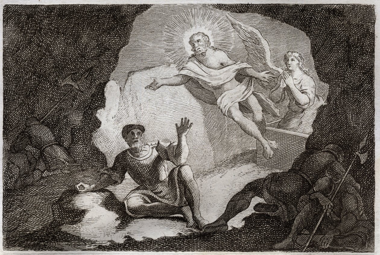 Biblia Royaumonta, Nowy Testament: Zmartwychwstanie. Jezus Chrystus wstaje ze swego grobu pod podziwem rzymskich żołnierzy, którzy zasnęli. Ilustracja z 1811 r. (rycina) autorstwa Unknown artist