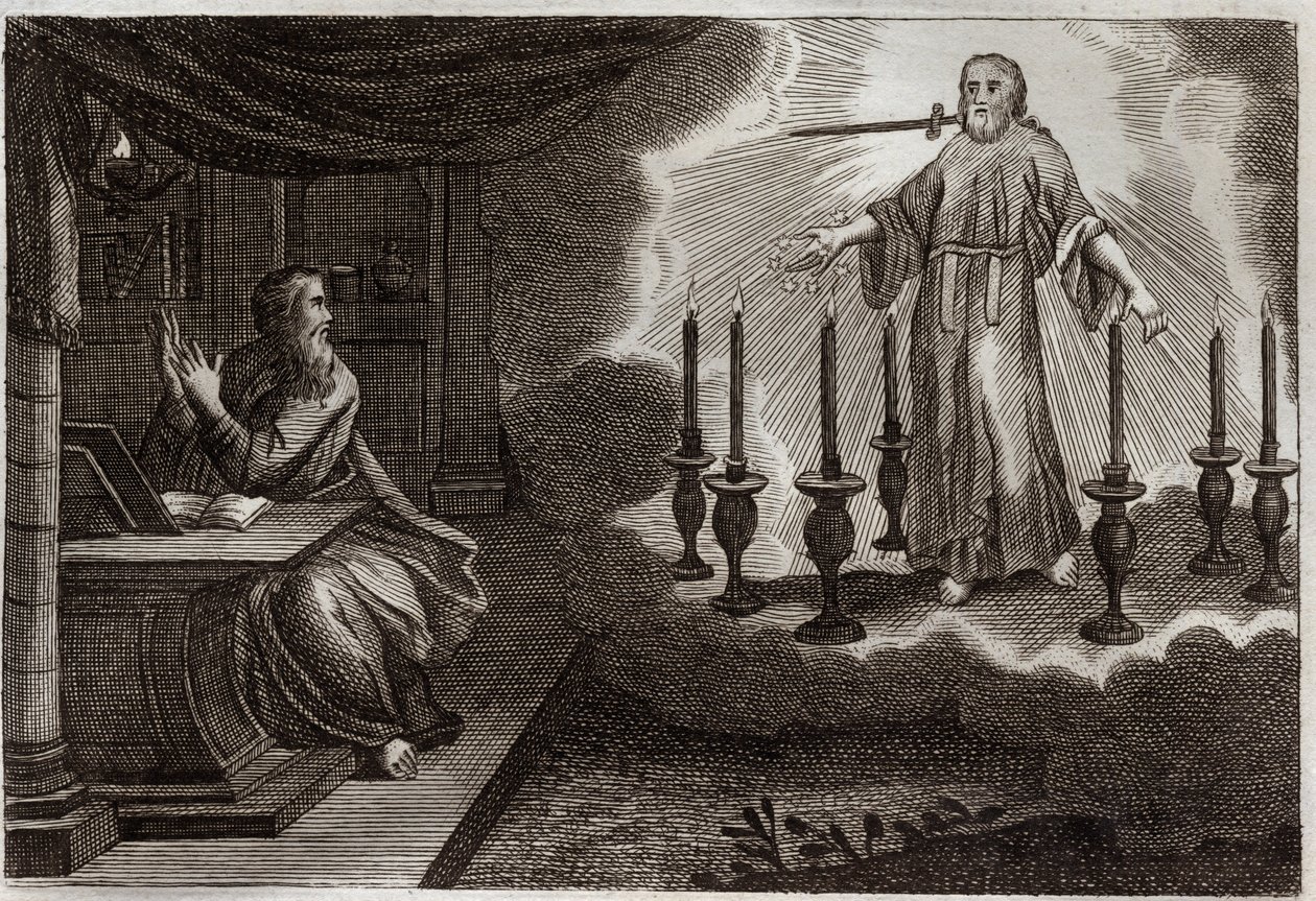 Biblia Royaumont, Nowy Testament: Objawienia św. Jana w Apokalipsie. Jezus Chrystus pojawia się w Świętym Janie między siedmioma złotymi świecznikami, z siedmioma gwiazdami w prawej ręce i mieczem wychodzącym z ust. Ilustracja z 1811 roku. autorstwa Unknown artist