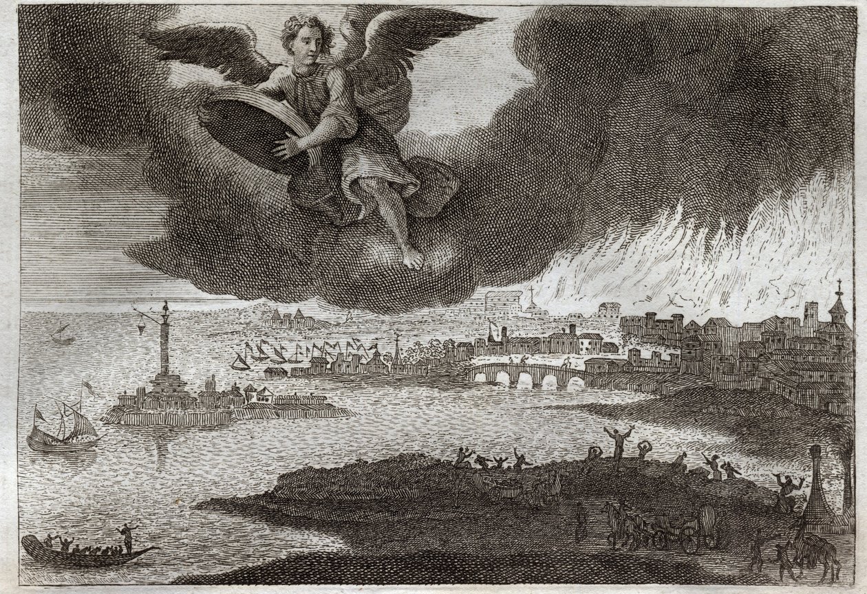 Biblia Royaumont, Nowy Testament: Ruiny Babilonu. W ogniu Babilonu anioł rzuca w morze kamień, symbolizujący zniszczenie tego miasta podczas Objawienia. Ilustracja z 1811 roku. autorstwa Unknown artist