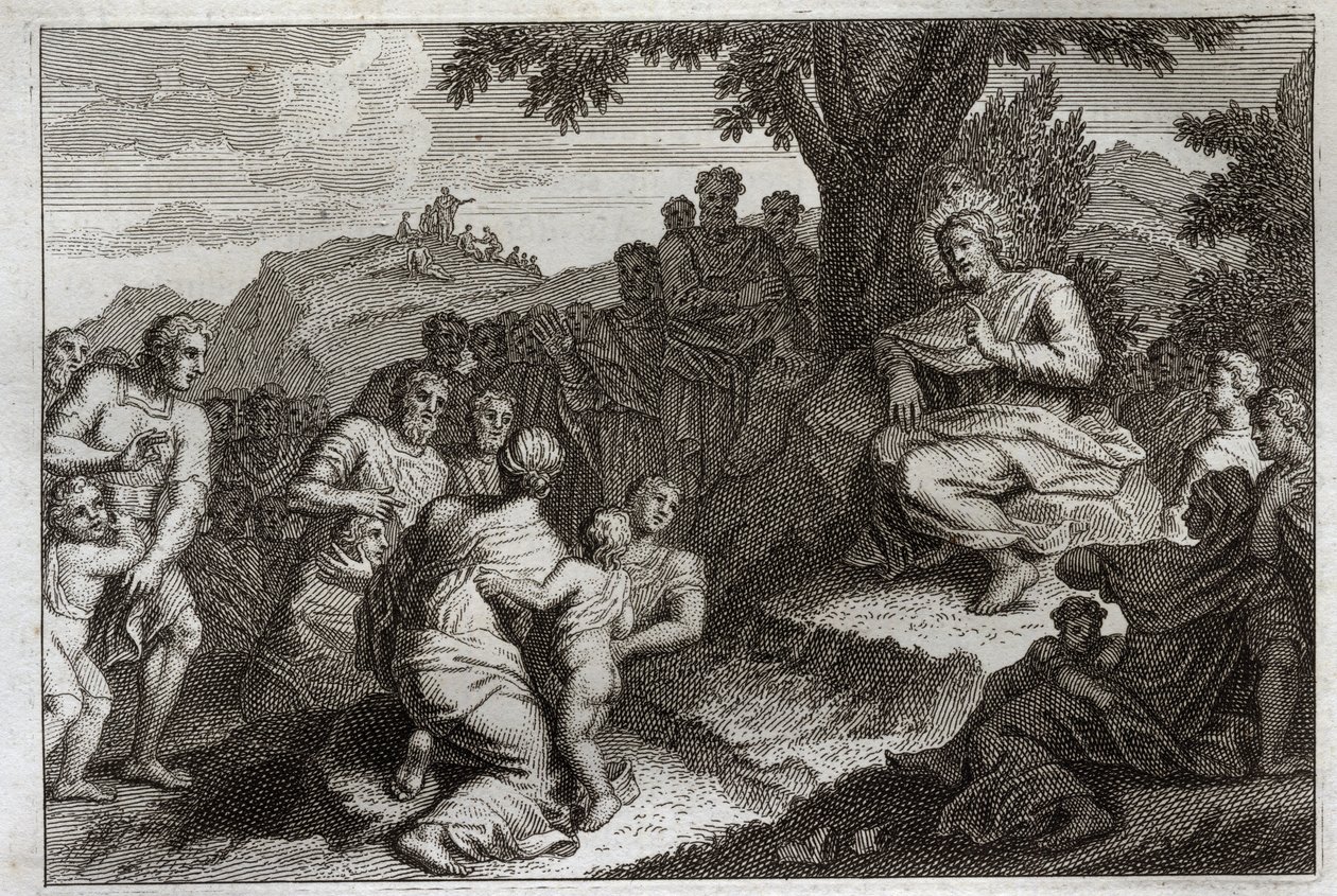 Biblia Royaumont, Nowy Testament: Kazanie na górze. Jezus Chrystus wybiera spośród swoich uczniów dwunastu Apoterów i wygłasza przed nimi i wielkim ludem Kazanie, które zwykle nazywa się Kazaniem na Górze. Ilustracja z 1811 roku. autorstwa Unknown artist