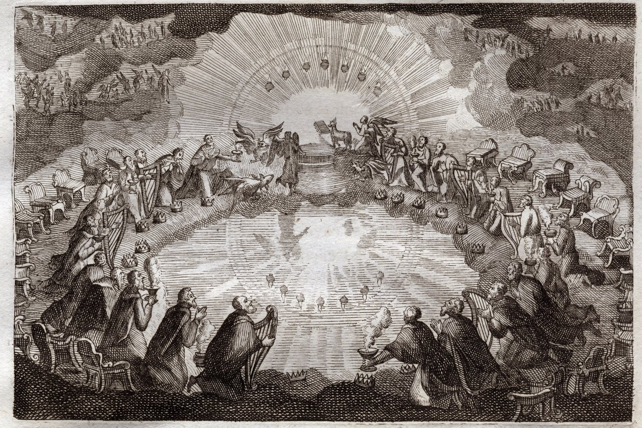Biblia Royaumont, Nowy Testament: Siedem pieczęci księgi otwartej przez Baranka. Dwudziestu czterech starszych upada przed tronem w otoczeniu lwa, wołu, człowieka i orła (tetramorfa) oraz siedmiu lamp. Ilustracja z 1811 roku. autorstwa Unknown artist