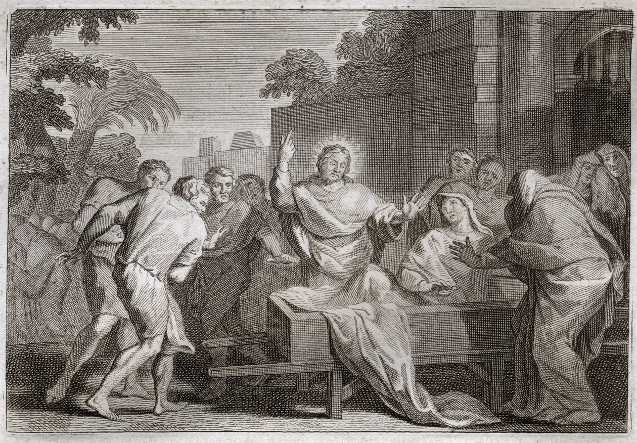 Biblia Royaumont, Nowy Testament: Syn wdowy z Naim. Jezus Chrystus wychowuje syna wdowy z miasta Naim. Ilustracja z 1811 roku. autorstwa Unknown artist