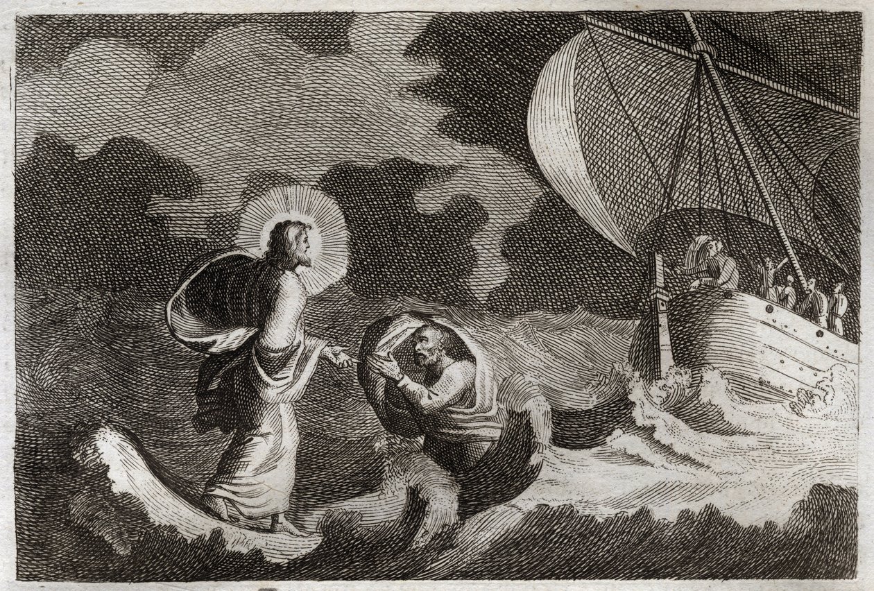 Biblia Royaumont, Nowy Testament: Św. Piotr chodzi po wodzie. Jezus Chrystus kroczy po morzu i sprawia, że chodzi tam św. Piotr. Ilustracja z 1811 roku. autorstwa Unknown artist