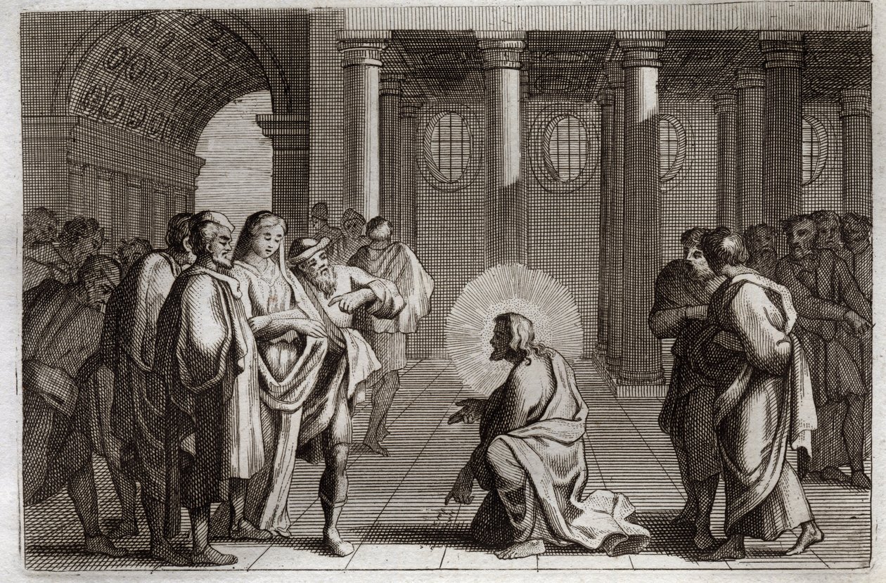 Biblia Royaumont, Nowy Testament: Cudzołożnica. Jezus Chrystus bosko łudzi się z pułapek, które zastawili na niego Żydzi, pytając go, co należy zrobić z kobietą przyłapaną na cudzołóstwie, mówiąc: „Niech ten z was, który jest bez grzechu, rzuci autorstwa Unknown artist