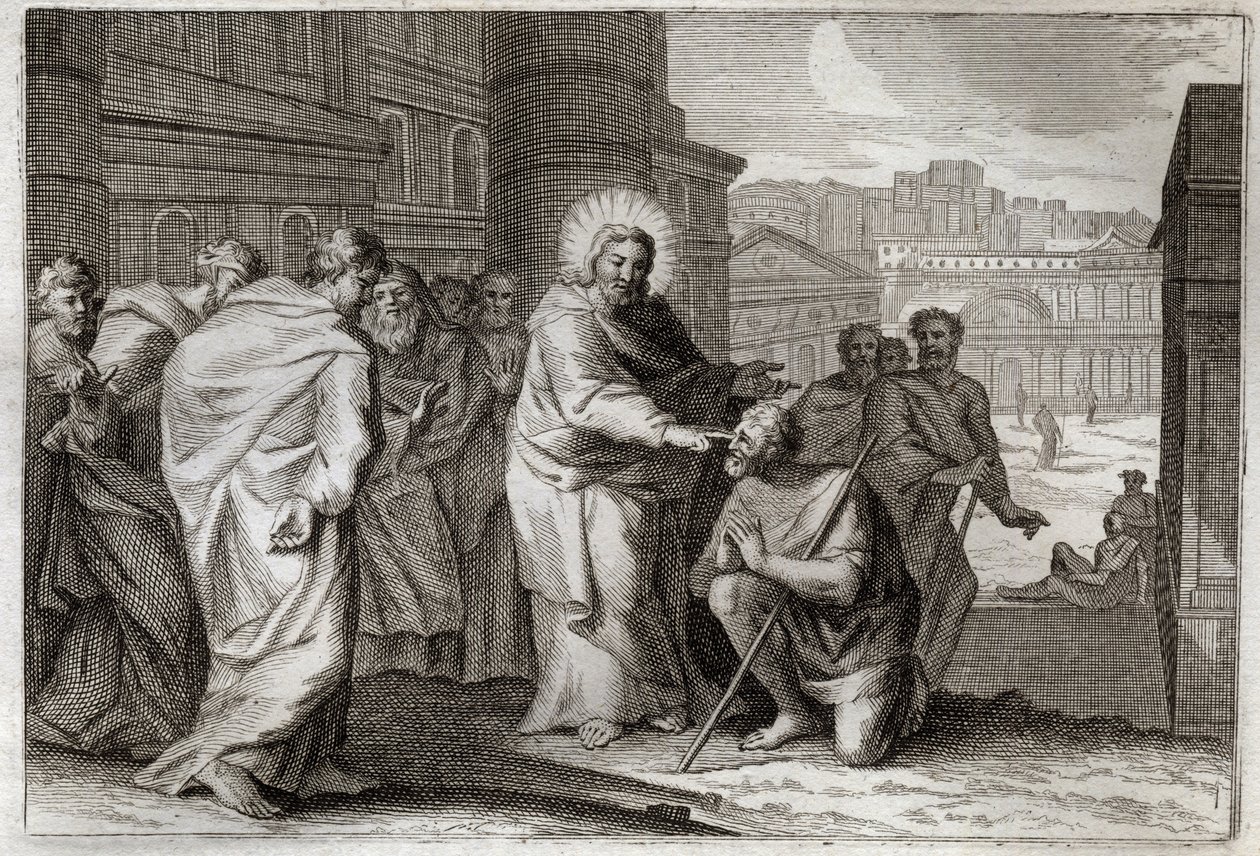 Biblia Royaumont, Nowy Testament: Ślepy nie. Jezus Chrystus w cudowny sposób czyni wojowników Ślepym. Ilustracja z 1811 roku. autorstwa Unknown artist