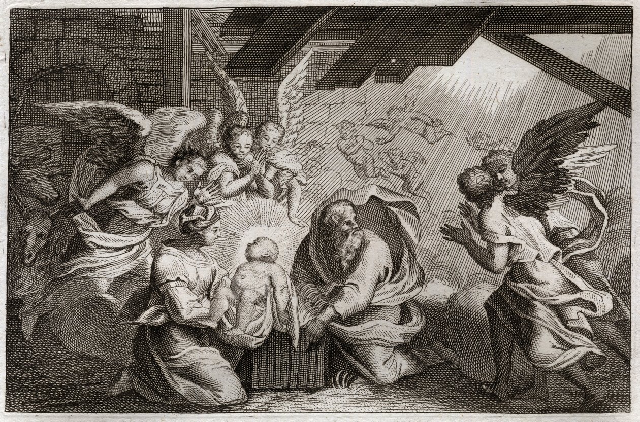 Biblia Royaumont, Nowy Testament: Narodzenia. Jezus Chrystus narodził się z Najświętszej Maryi Panny w stajni w Betlejem. Ilustracja z 1811 roku. autorstwa Unknown artist