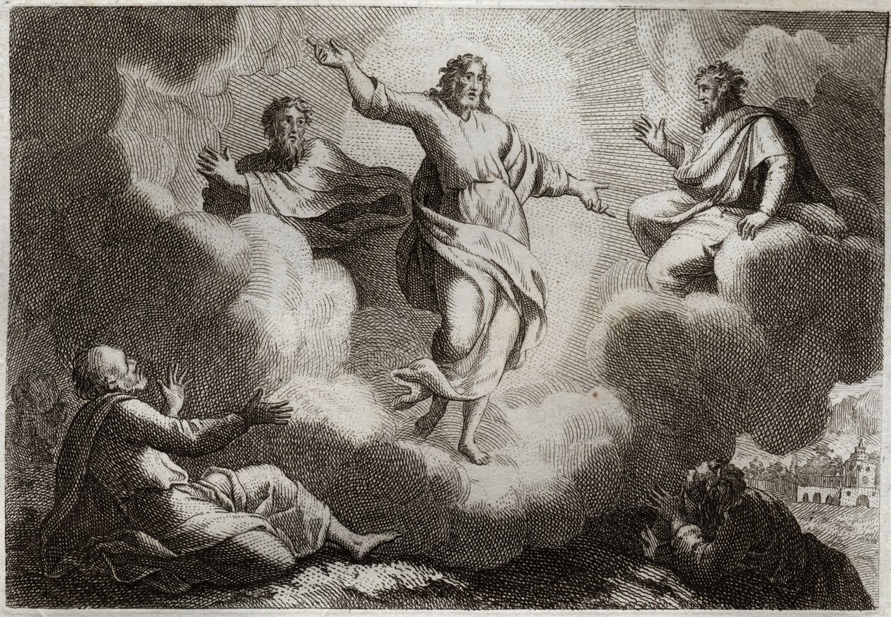 Biblia Royaumont, Nowy Testament: Przemienienie Jezusa Chrystusa. Chrystus otacza Mojżesza i Eliasza, a poniżej apostoła św. Jana, Piotra i Jakuba. Ilustracja z 1811 roku. autorstwa Unknown artist