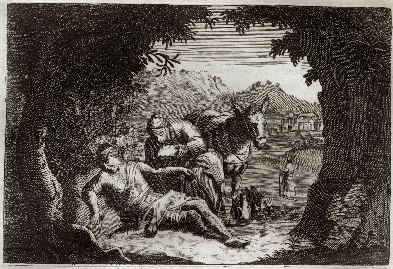 Biblia Royaumont, Nowy Testament: Przypowieść o dobrym Samarytaninie. Samarytanin zatrzymał się w drodze, aby uratować mężczyznę w potrzebie. Ilustracja z 1811 roku. autorstwa Unknown artist