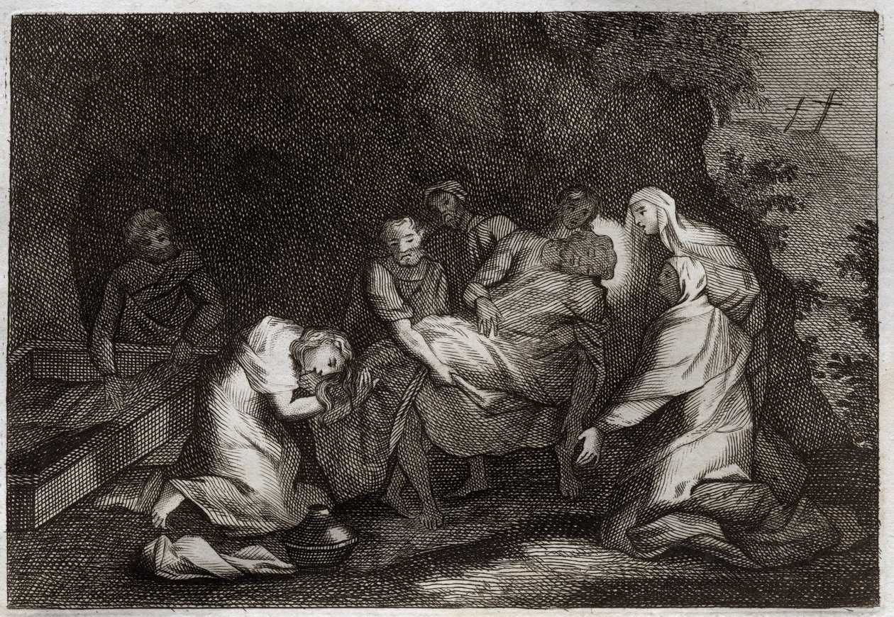 Biblia Royaumonta, Nowy Testament: Grób. Grób Jezusa Chrystusa. Wśród postaci otaczających ciało Jezusa Chrystusa: Dziewica Maryja, św. Nikodema, św. Józef z Arymatei, św. Jan Ewangelista i św. Maria Magdalena. Ilustracja z 18 autorstwa Unknown artist