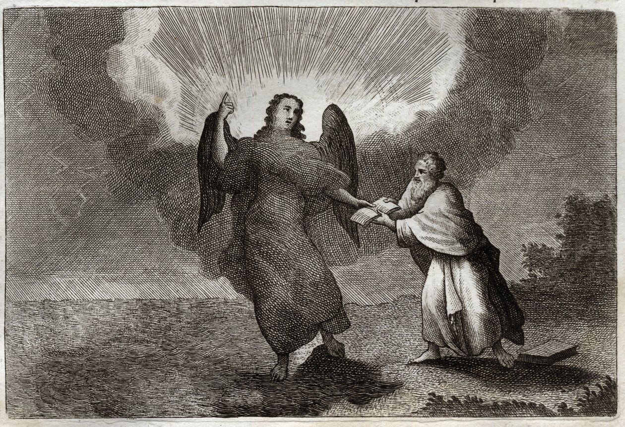 Biblia Royaumont, Nowy Testament: Wizja św. Jana. Wizja Anioła z Otwartą Księgą daje św. Janowi pożeranie go. Ilustracja z 1811 roku. autorstwa Unknown artist