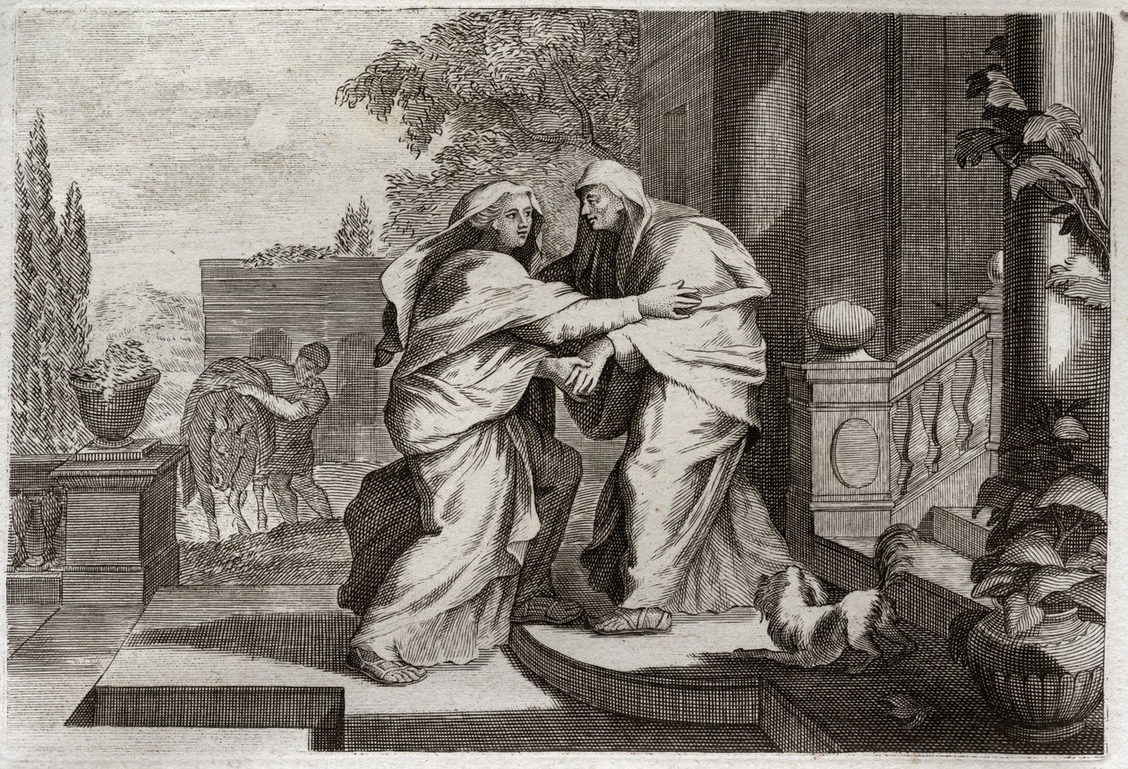 Biblia Royaumont, Nowy Testament: Nawiedzenie. Najświętsza Maryja Panna odwiedzi swoją kuzynkę Elżbietę. Ilustracja z 1811 roku. autorstwa Unknown artist
