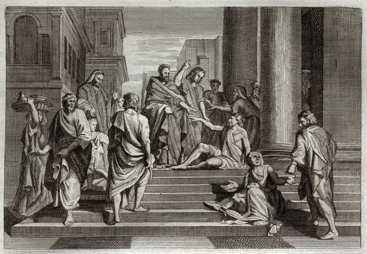 Biblia Royaumont, Nowy Testament: Wojna chromych. Św. Piotr w towarzystwie św. Jana cudem walczył z chromym człowiekiem w Jerozolimie. Ilustracja z 1811 roku. autorstwa Unknown artist
