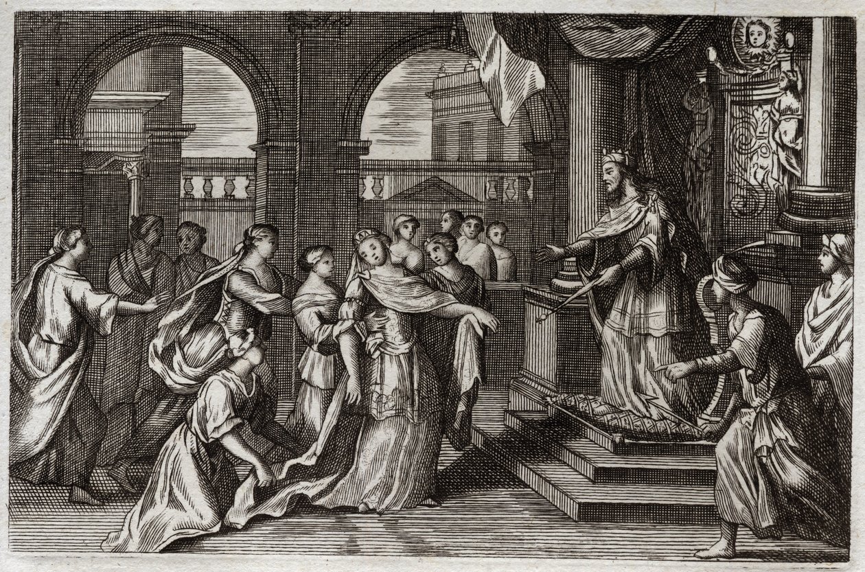 Biblia Royaumont, Stary Testament: Estera stanie przed królem Kserksesem I (Aswerusem I), z zamiarem uratowania swego ludu od grożącej mu śmierci. Ilustracja z 1811 roku. autorstwa Unknown artist