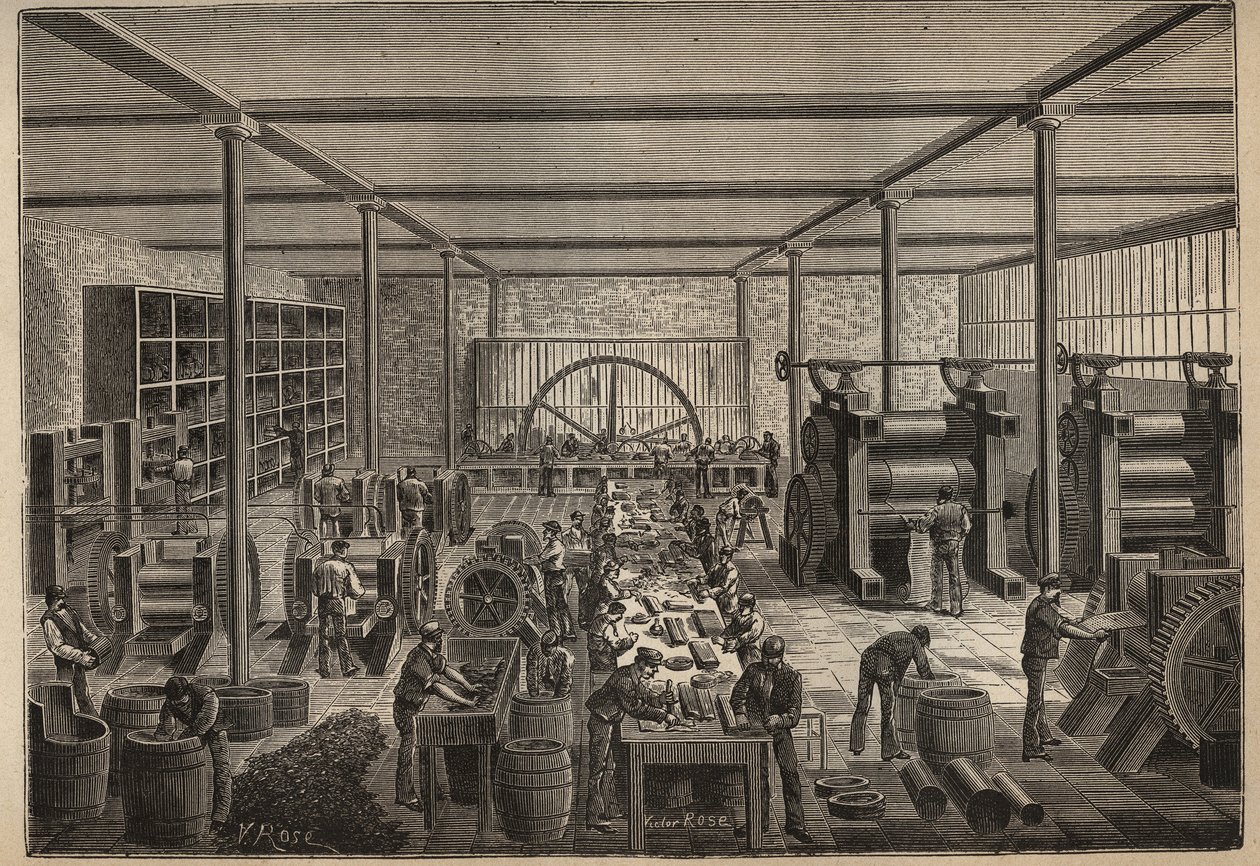 Guma: fabryka gumy. Grawer z 1885 roku w „Les arts et metiers illustres” Adolphe BITARD. autorstwa Unknown artist