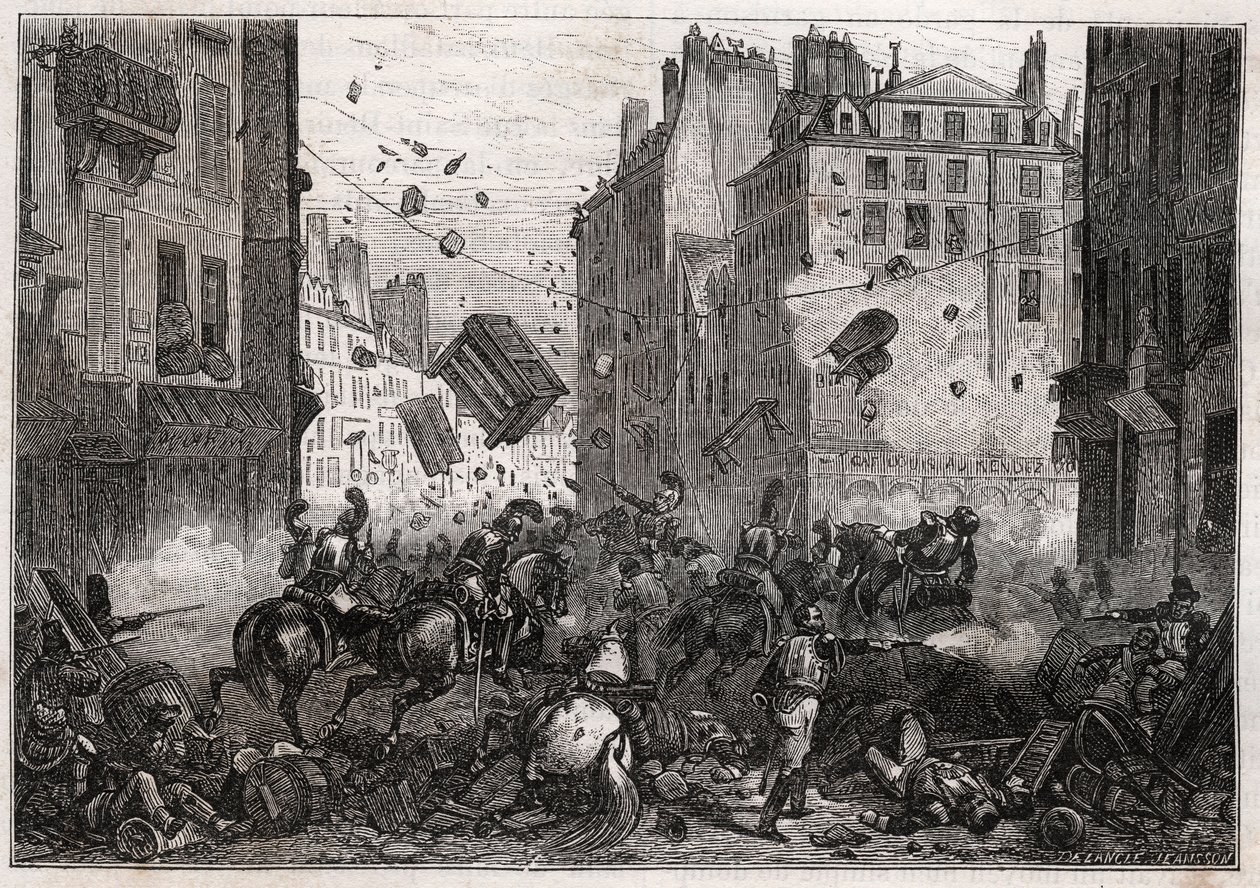Rue Saint-Antoine podczas Trois-Glorieuses (lipiec 1830) - Rewolucja 1830 r. Barykada walcząca na rue Saint-Antoine (Saint Antoine) w 1830 r. autorstwa Unknown artist