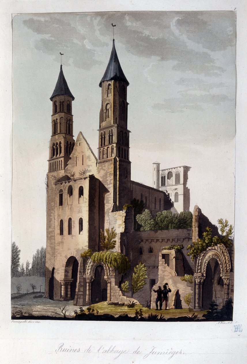 Ruiny opactwa Jumieges - w „Stary i współczesny kostium” dr Ferrario, wyd. Mediolan autorstwa Unknown artist