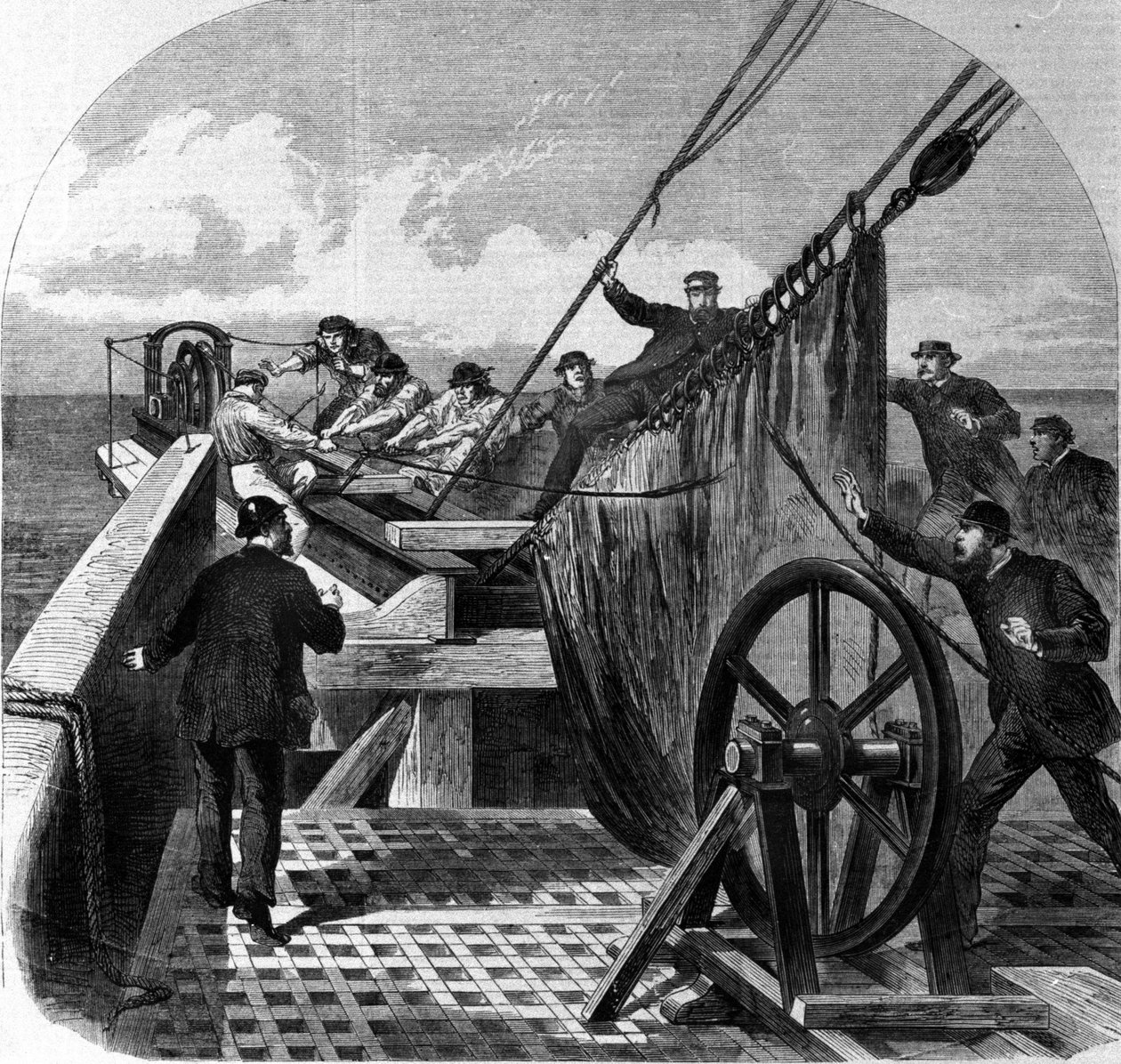 Zerwanie transatlantyckiego kabla telegraficznego na pokładzie statku Great Eastern zamieniło się w transatlantycką warstwę telegraficzną między Europą a Ameryką, przerwanie kabla w 1865 r. autorstwa Unknown artist