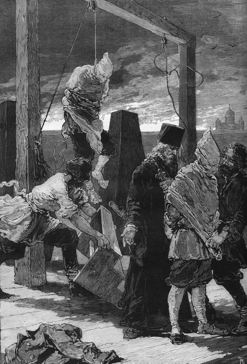 Rosja, Sankt Petersburg: egzekucja dwóch nihilistów Kwiatkowskiego i Presniakowa w dniu 16.11.1880 r. w rawelinie św. Jana Twierdzy Świętych Piotra i Pawła. Byli sprawcami ataku na Pałac Zimowy w 1879 roku. autorstwa Unknown artist