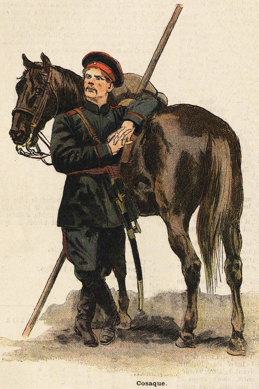 Kostium rosyjskiego kozaka. Grawerowanie z XIX wieku. Kolekcja Bianchetti. autorstwa Unknown artist