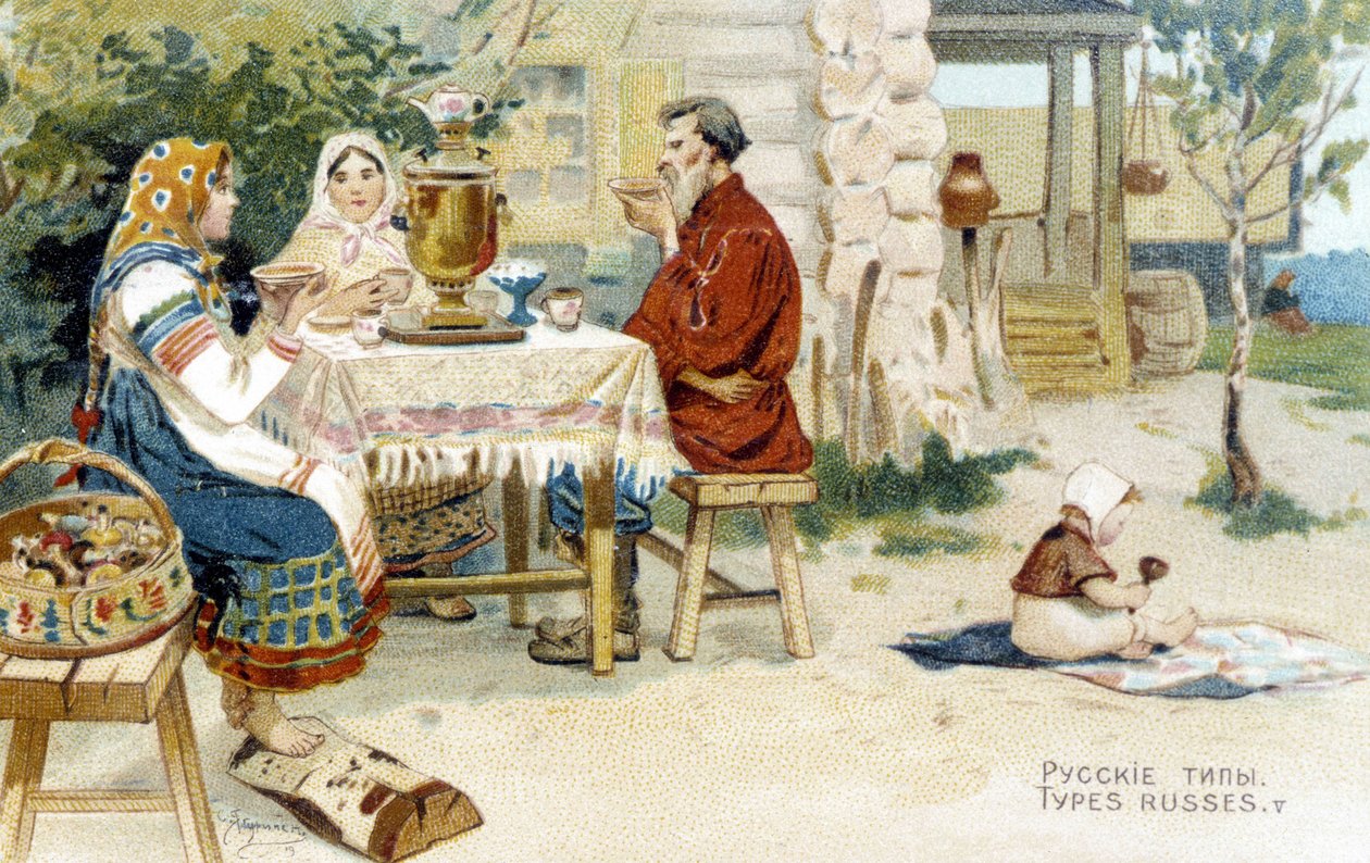 Rosyjska rodzina pijąca herbatę wokół samowara - chromo. autorstwa Unknown artist