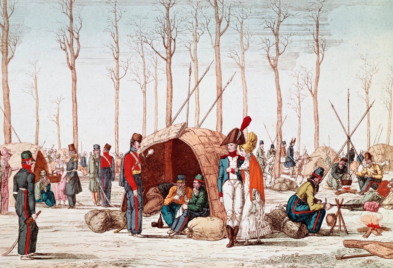 Rosyjscy żołnierze biwakujący na Polach Elizejskich, Paryż, Francja, 31 marca 1814 (rycina) autorstwa Unknown artist