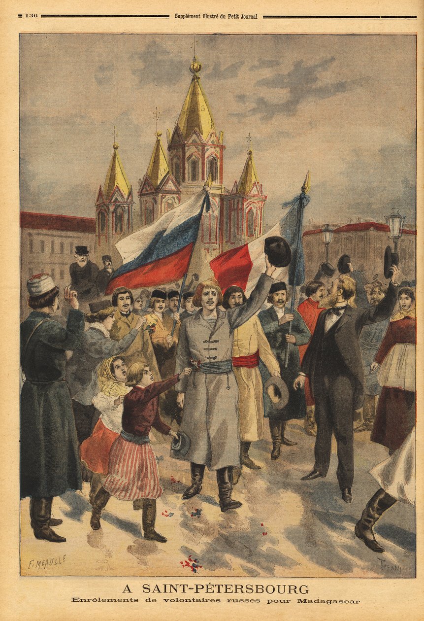 Rosyjscy ochotnicy w Sankt Petersburgu na francuską wyprawę z Madagaskaru. Grawer w „”Le petit journal”” 28.04.1895. Kolekcja Selvy. autorstwa Unknown artist