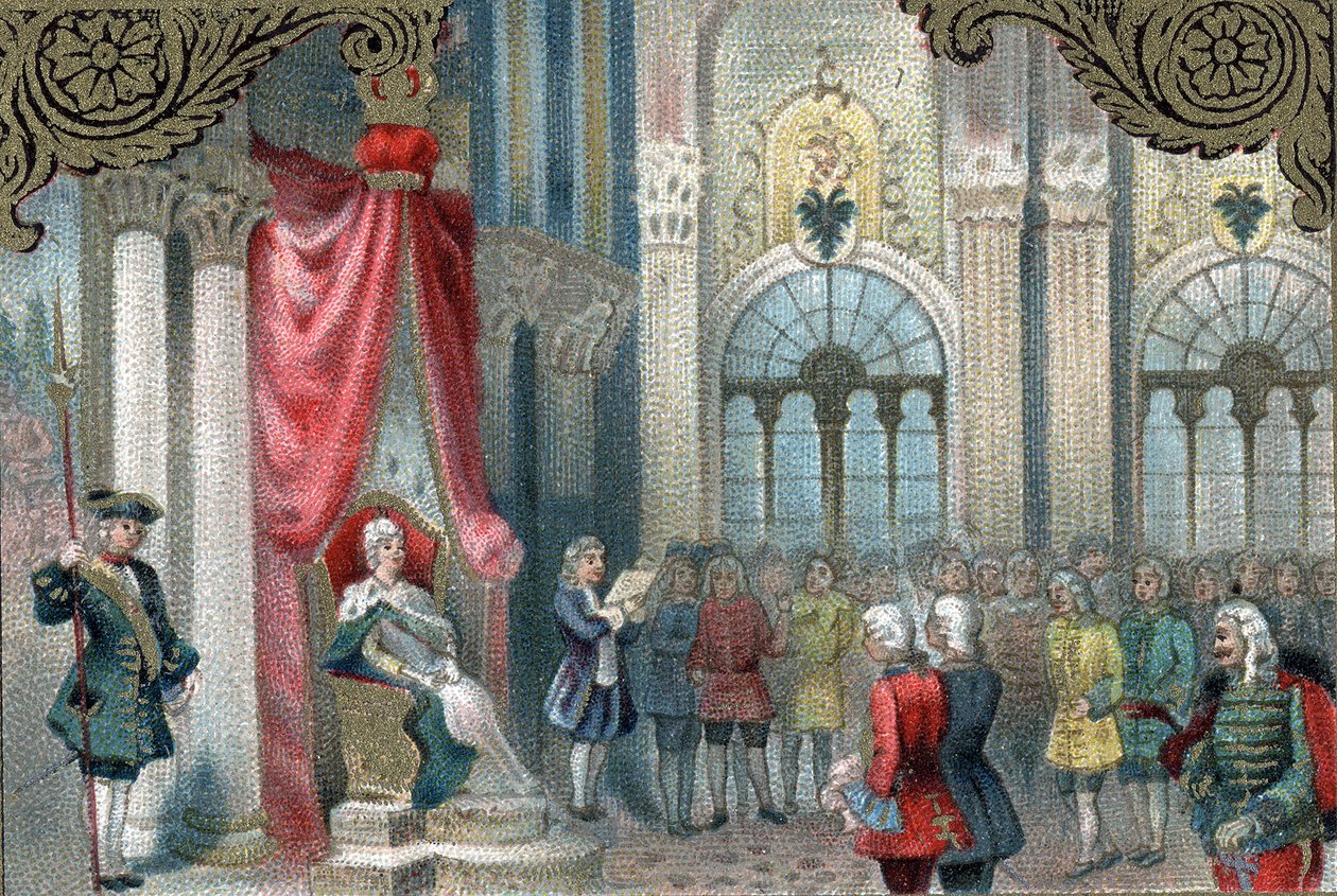 Polityka modernizacyjna Rosji: Katarzyna II (1729-1796) ogłasza reorganizację Imperium Rosyjskiego. W 1785 nadał znacznie więcej uprawnień i praw szlachcie cesarskiej. Późna chromolitografia XIX wieku. autorstwa Unknown artist