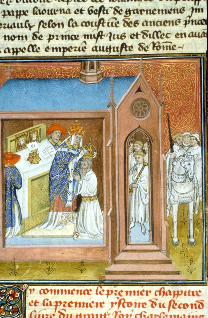 Sacred (Koronacja) Karola Wielkiego (742 - 814) w 800 przez papieża Leona III. - Iluminacja rękopisu z okresu średniowiecza (ref. 512, 089v) Prośba o zgodę Biblioteki Miejskiej Tuluzy (tel: 05 62 27 66 66) autorstwa Unknown artist