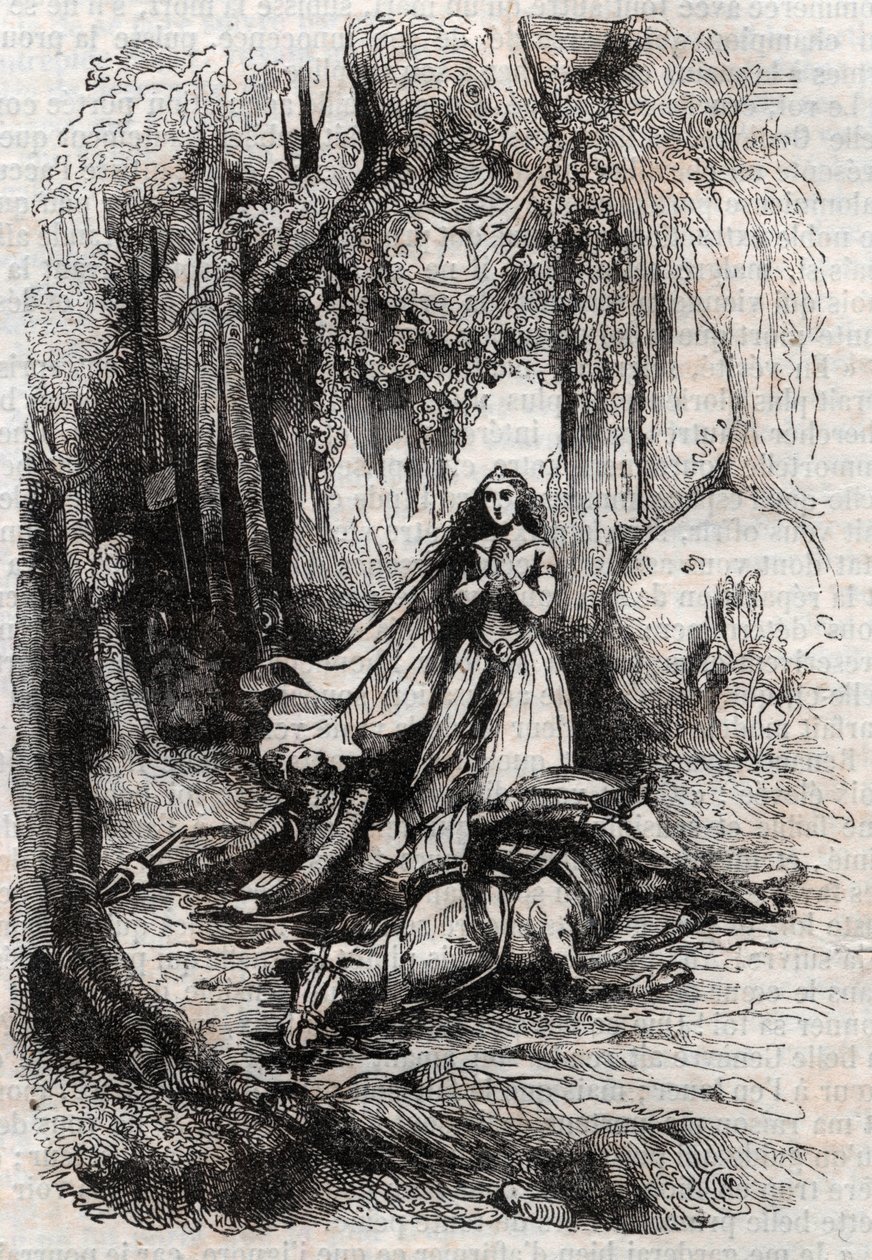 Sacripant (Sacripante) desarconne w obecności Angeliki (Angelica) - rycina z 1851 r. z „Roland furieux” (Orlando furioso) (XVI w.) Ludovico Ariosto, zwanego Ariosta – wydanie przetłumaczone z języka włoskiego przez hrabiego Tressan i p autorstwa Unknown artist