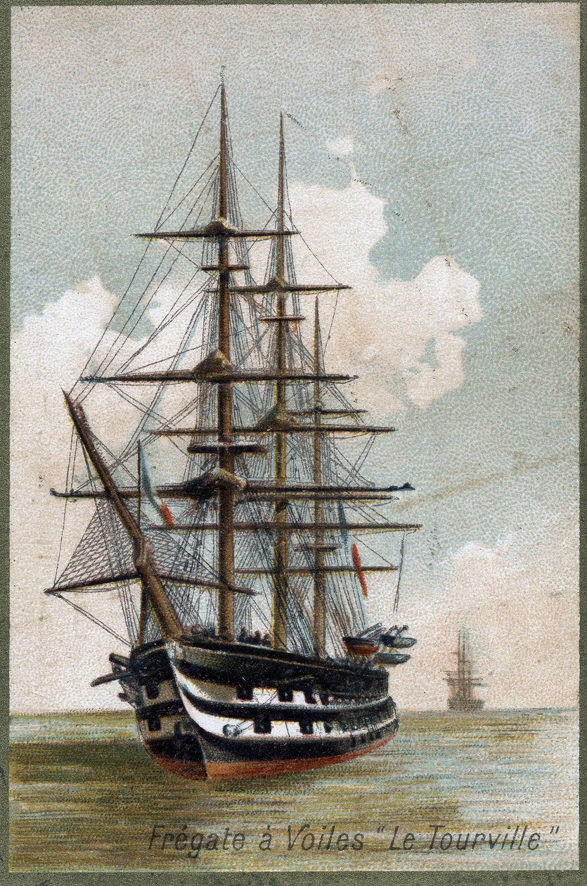 Żaglowa fregata „Le tourville”” w 1787 r. Chromolitografia z XIX wieku. autorstwa Unknown artist