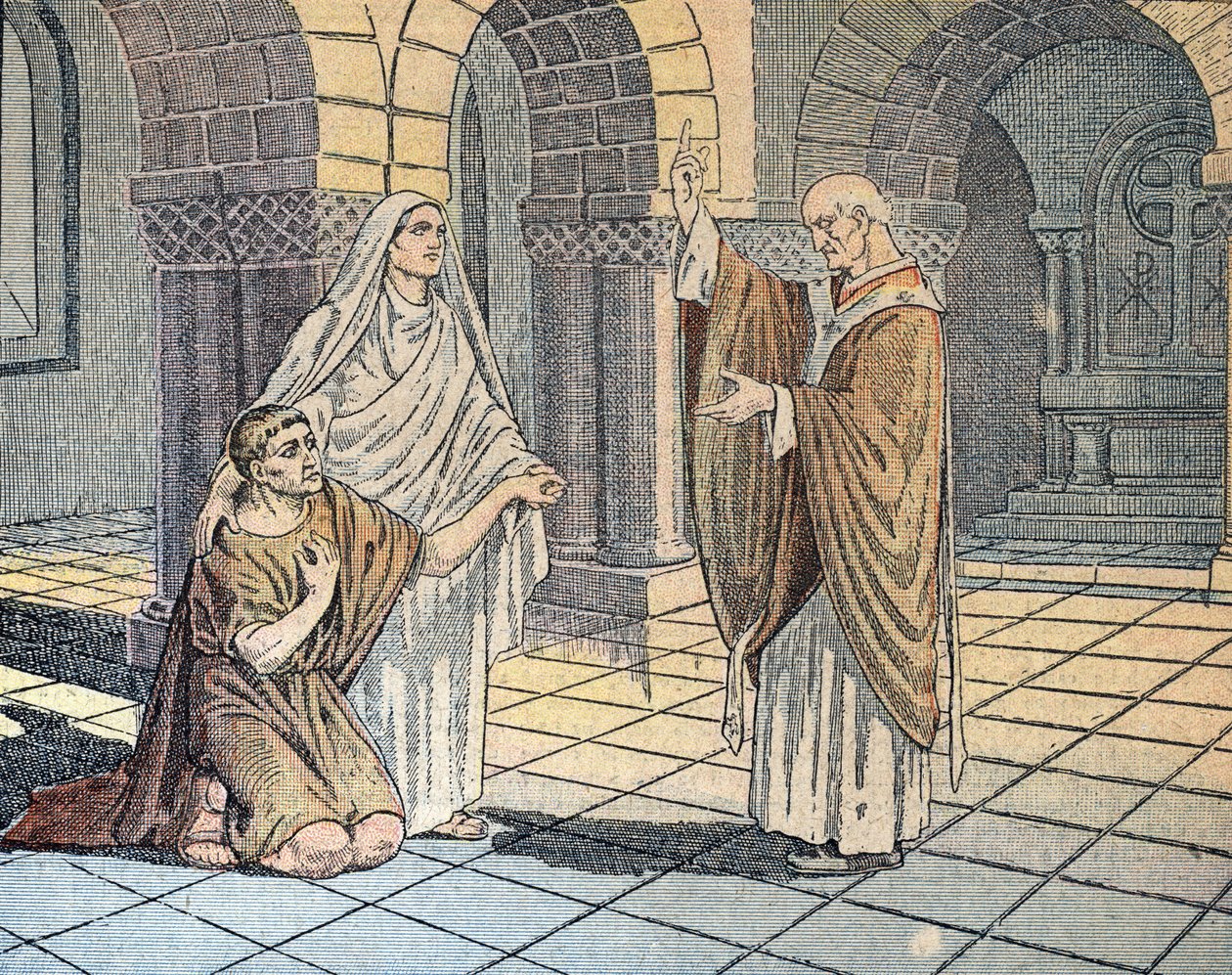 Święty Augustyn z Hippony (354-430) i jego matka Sainte Monique przed świętym Ambrożym (340-397) w Mediolanie, 387 r. (Święty Augustyn z Hippony z matką Moniką przed świętym Ambrożym z Mediolanu, 387 r.) Ilustracja z "Le pelerin" 1933, kolekcja prywatna autorstwa Unknown Artist