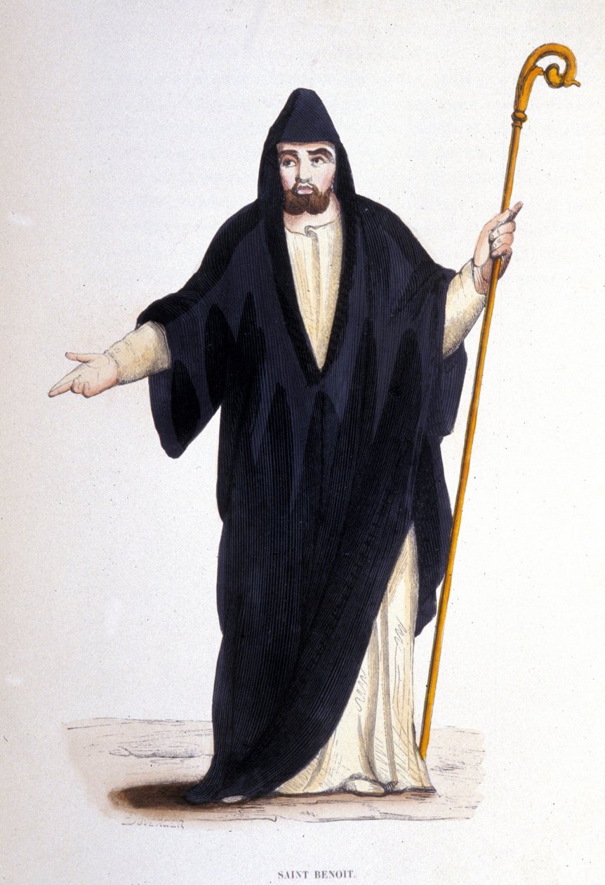 Św. Benedykt z Nursji (urodzony w Murcji (Murcia) w Umbrii około 480 - 527). Rycina z albumu na zakony, Paryż autorstwa Unknown artist