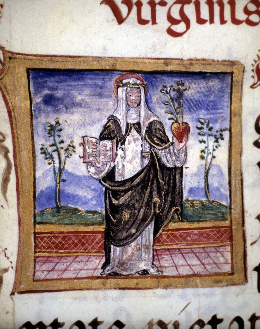 Święta Katarzyna ze Sieny (1347 - 1380) trzymająca księgę i serce, miniatura z XV wieku. autorstwa Unknown artist