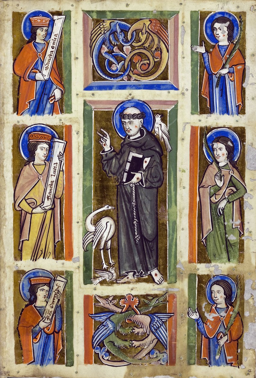 Św. Franciszek przemawia do ptaków, Anonimowy. Akwarela na pergaminie, ok. 1230-1240, Badische Landesbibliothek autorstwa Unknown artist