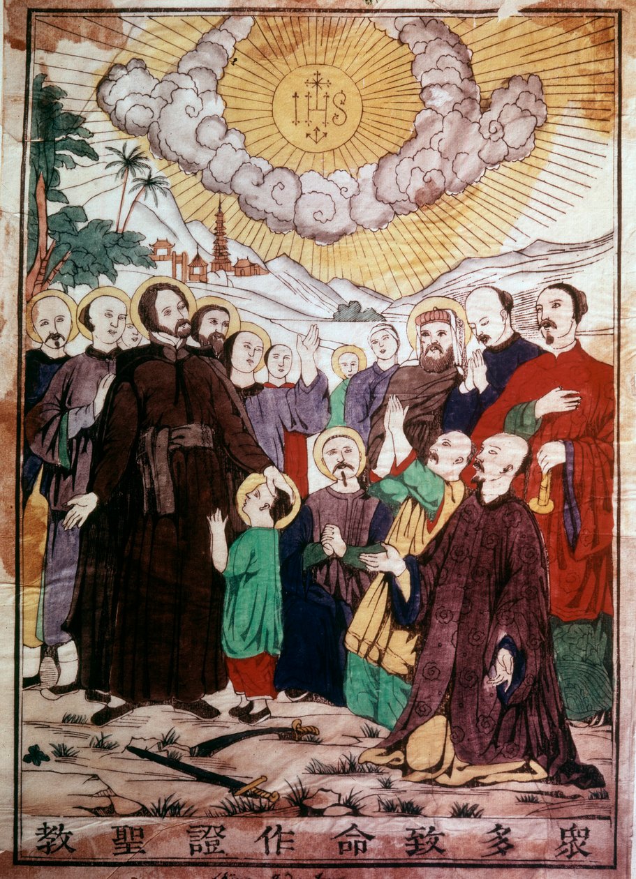 Św. Franciszek Ksawery (1506-1552), hiszpański misjonarz jezuita, jeden z założycieli odre towarzystwa Jezusowego, ewangelizującego Chińczyków pod opieką Chrystusa w Chinach. Rycina XIX wieku. Chantilly, seminarium jezuickie autorstwa Unknown artist