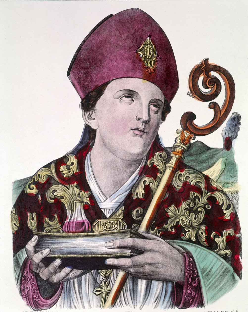 Św. Gennaro lub święty Janvier, patron miasta Neapolu, trzymający w dłoniach ampułkę z jego krwią. Popularny kolorowy druk z XIX wieku. autorstwa Unknown artist
