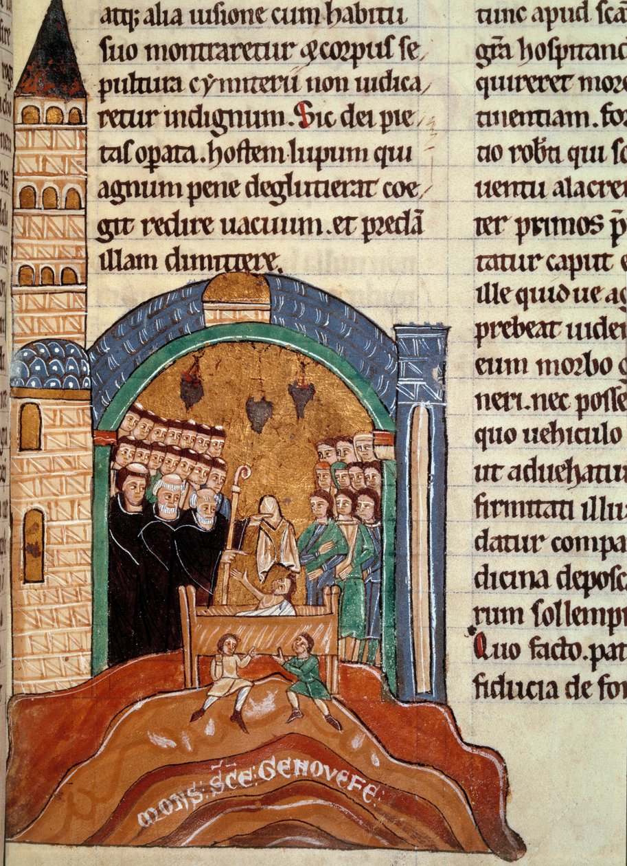 Święty Hugues de Cluny (1024-1109), opat z Cluny, ratuje zmarłego w Paryżu. Miniatura zaczerpnięta z kolekcji historyczno-liturgicznej autorstwa Unknown artist