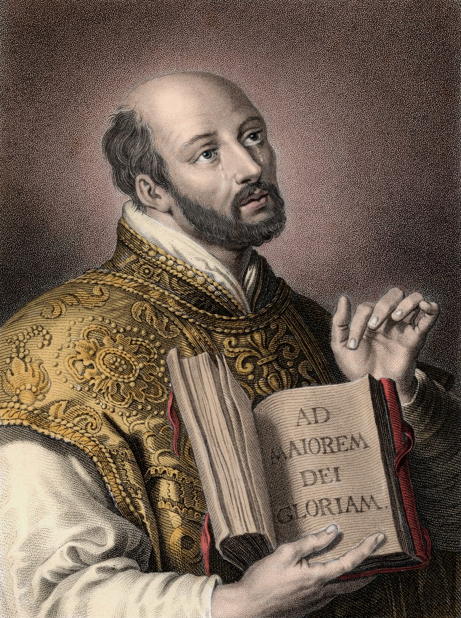 Św. Ignacy Loyola (1491-1556), hiszpański teolog, trzymający książkę z łacińskim mottem Towarzystwa Jezusowego „” Ad maiorem Dei gloriam””” (Na większą chwałę Boga) - Portret Ignacego Loyoli (Sant Ignazio lub Święty Ignacy autorstwa Unknown artist