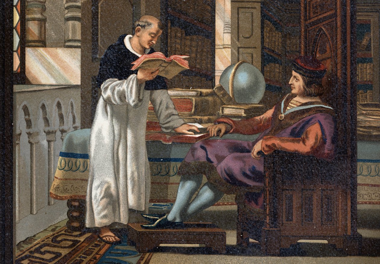 Św. Ludwik (1214-1270), król Francji, i jego radny św. Wincenty de Beauvais (ok. 1190-1264), według „La Ciencia y sus Hombres par Louis Figuier”. Barcelona 1881 autorstwa Unknown artist