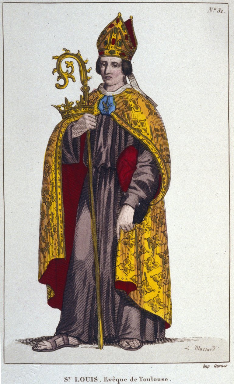 Św. Ludwik z Tuluzy lub Św. Ludwik z Anjou. Mały bratanek św. Ludwika (1274-1297), biskup Tuluzy. grawerunek z 1830 r autorstwa Unknown artist