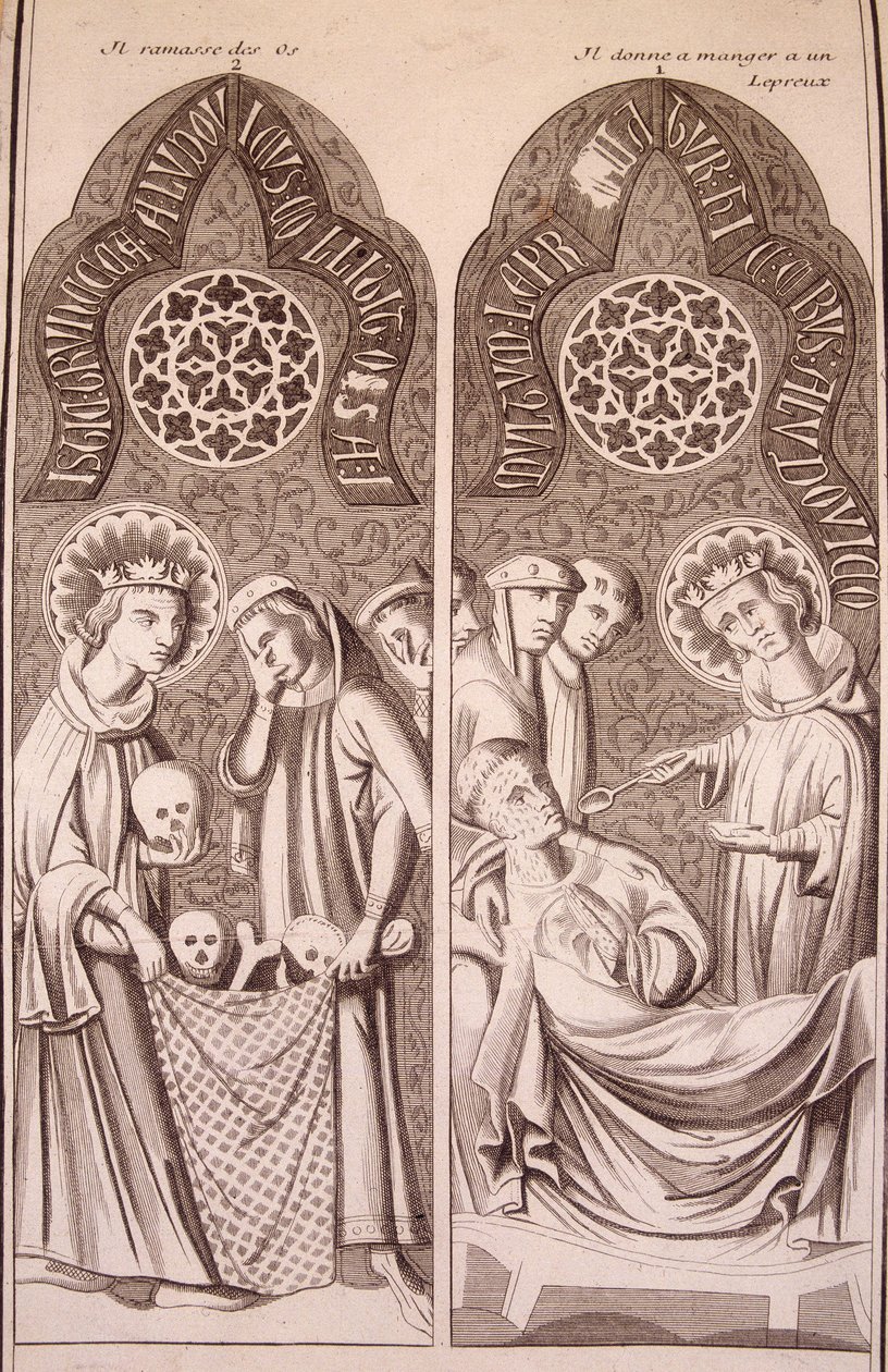Saint Louis zbiera kości i daje trędowatym jedzenie autorstwa Unknown artist