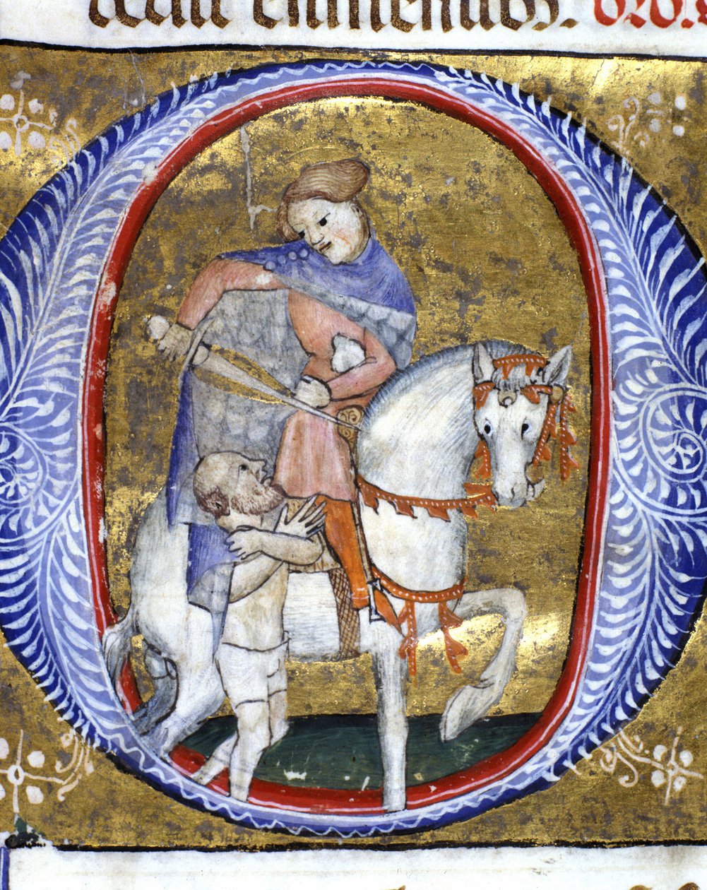 Święty Marcin dzieli swój płaszcz z biedną miniaturą z XIV wieku. Biblioteca Nazionale Braidense, Mediolan. autorstwa Unknown artist
