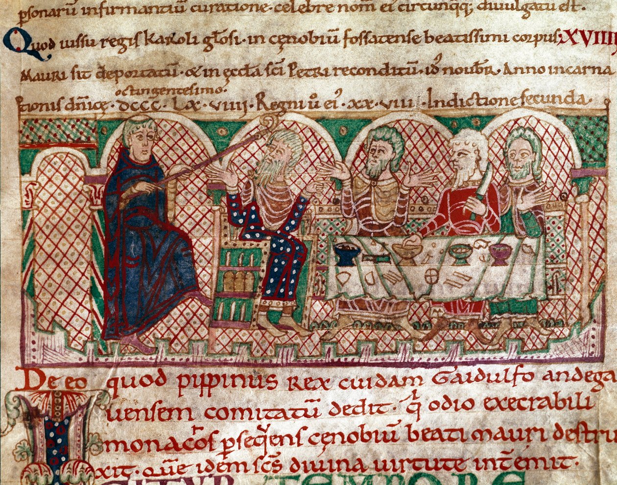 Św. Maur (512-584) założyciel klasztoru Flanfeuil (św. Maur) w Anjou przyjmowany jest na stole Gaidulfa z Rawenny, prześladowcy mnichów i karze go Miniatura z życia i cudów św. Maura” (ms 2273) 1100-1140 Biblioteka Miejska autorstwa Unknown artist